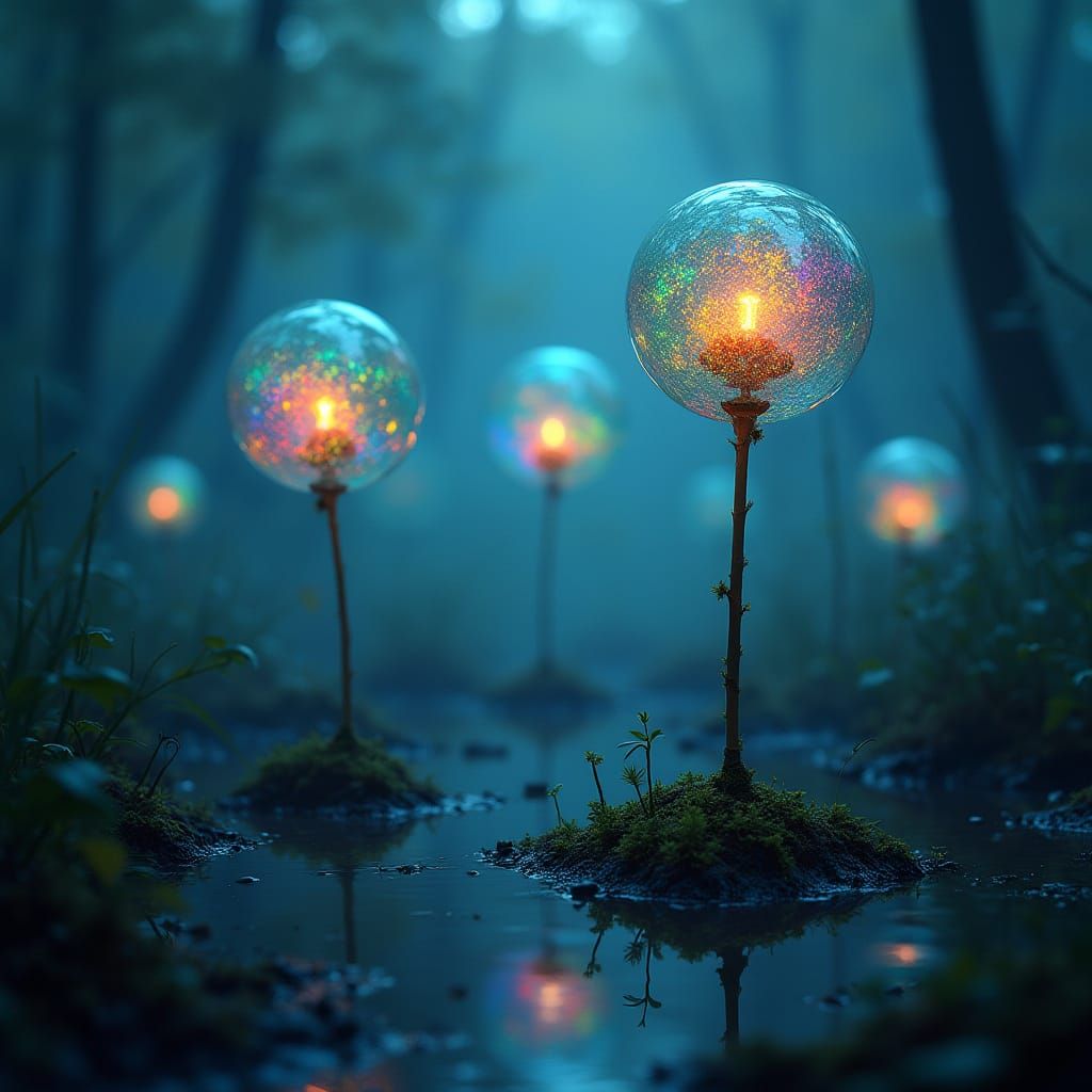 Ethereal Swamp Blooms in Neon Blue with Rainbow Light