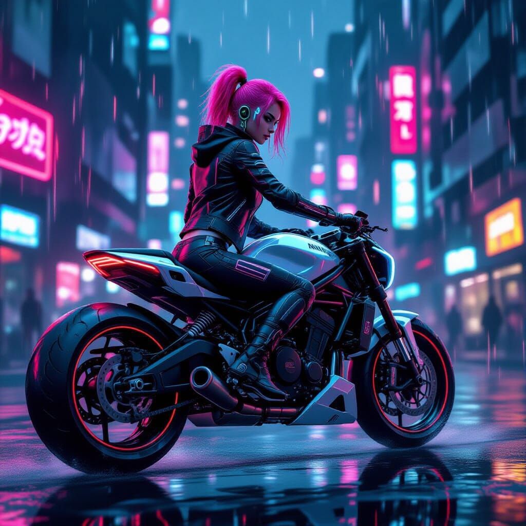 Cyberpunk Girl on Holographic Motorcycle in Neon City