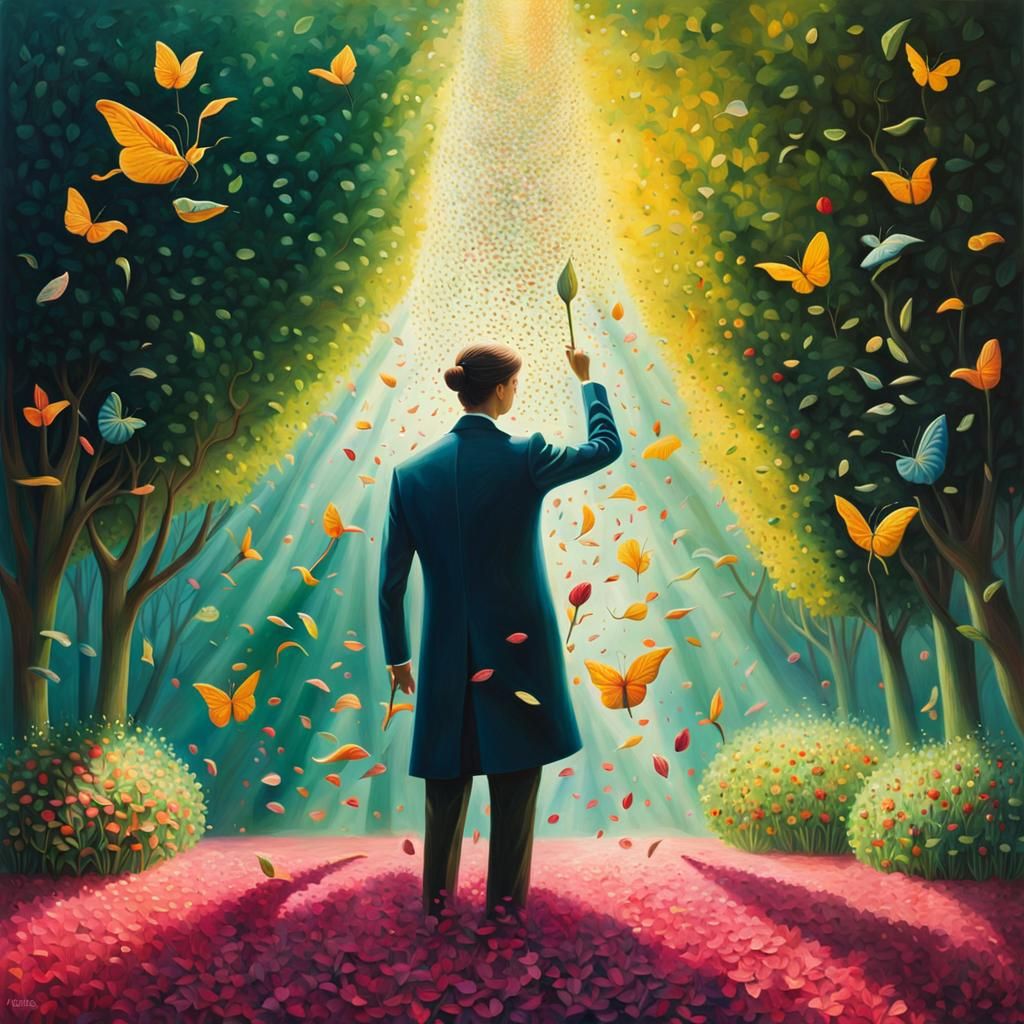 Surreal Word Sower in Lush Garden