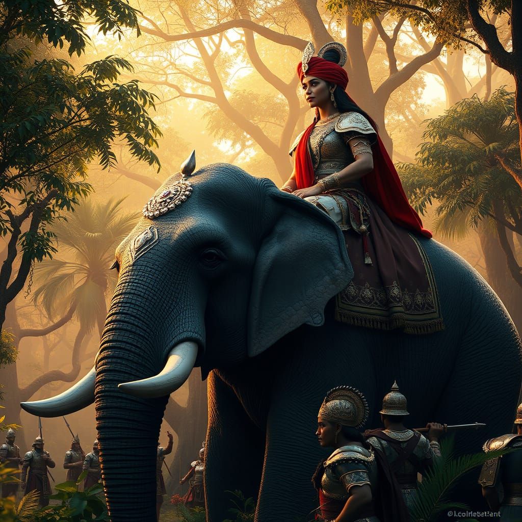 Regal Indian Queen Rides Majestic War Elephant in 16th-Centu...