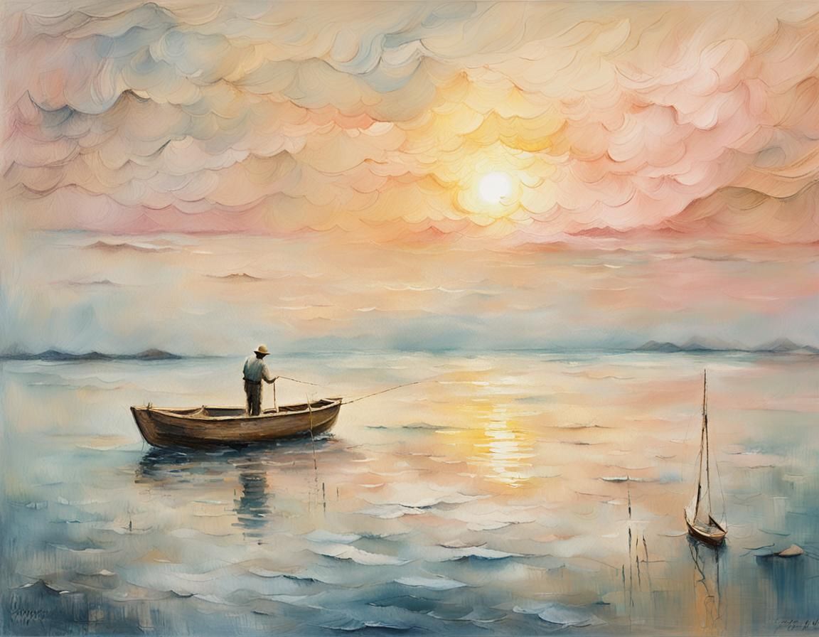 Fisherman at Sunset in Impressionist Style
