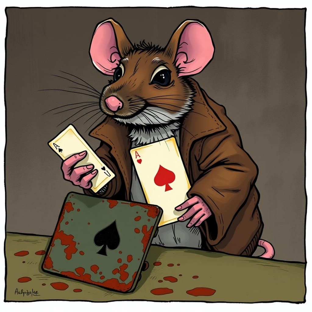 Surreal Rat Gambles with Ace in Tattered Card Shack