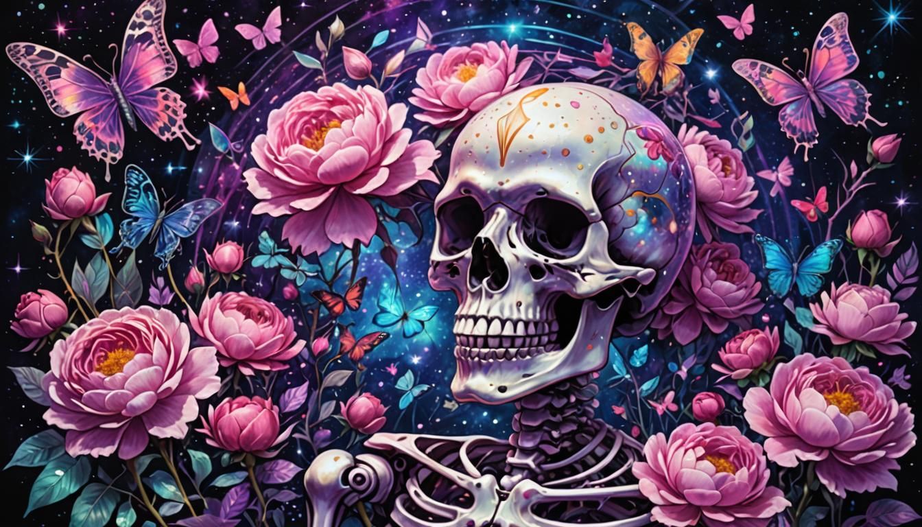 Cosmic Skeleton with Roses and Butterflies