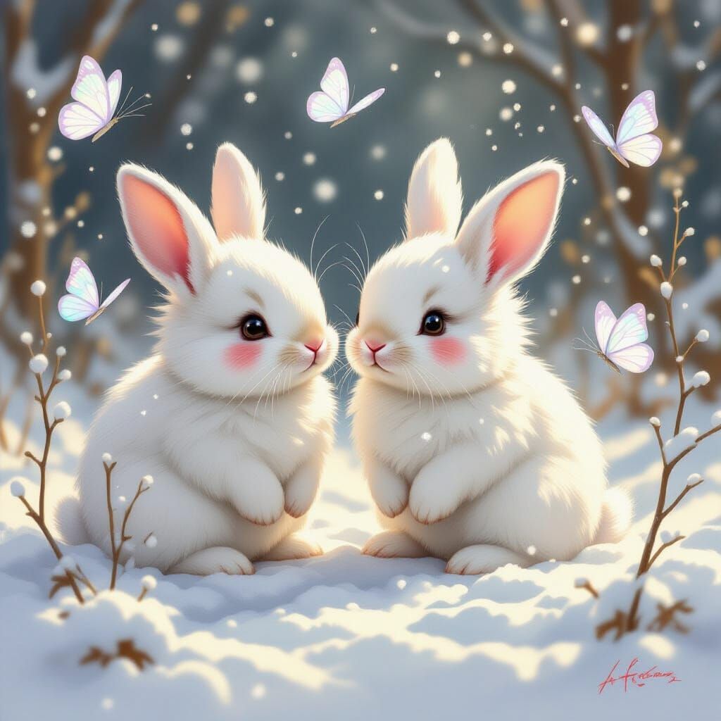 Cute Snow Bunnies in Whimsical Winter Oil Painting