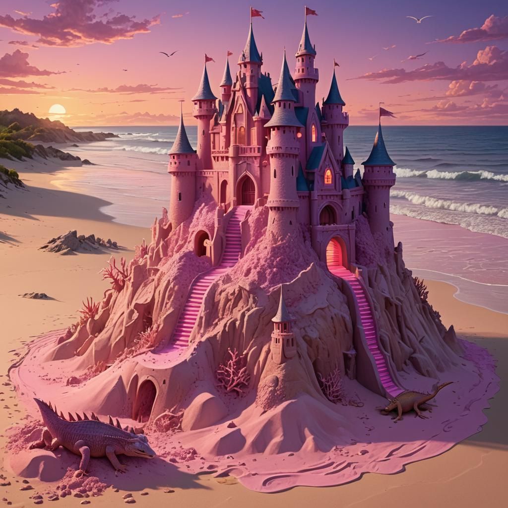 Coral Beach Sunset Sandcastle in Dark Fantasy Style
