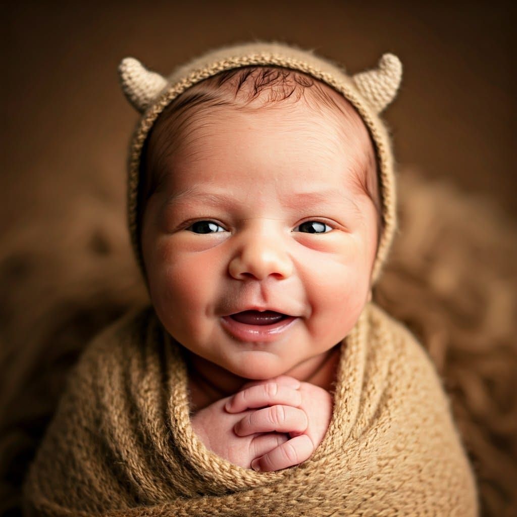 Joyful Newborn Portrait with Horns in Golden Light