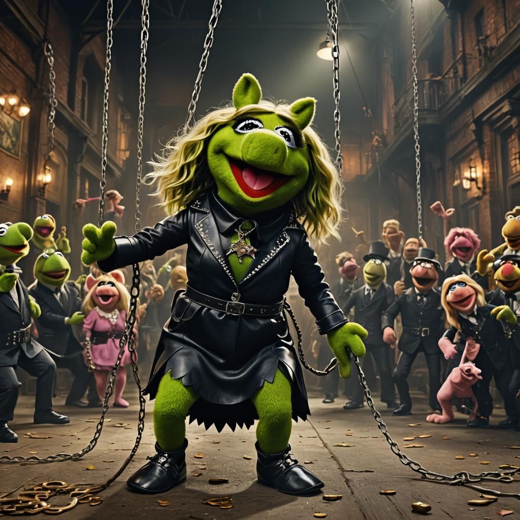 2 muppet show character,1. Kermit , kneel on the floor, neck with collar and chain cuffs, black blind fold, happy face, ...