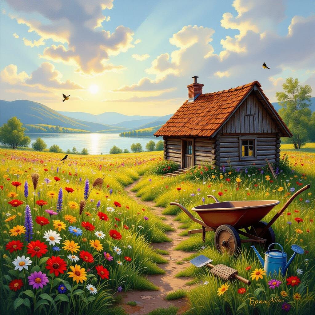 Hyper-Detailed Wildflower Meadow Oil Painting