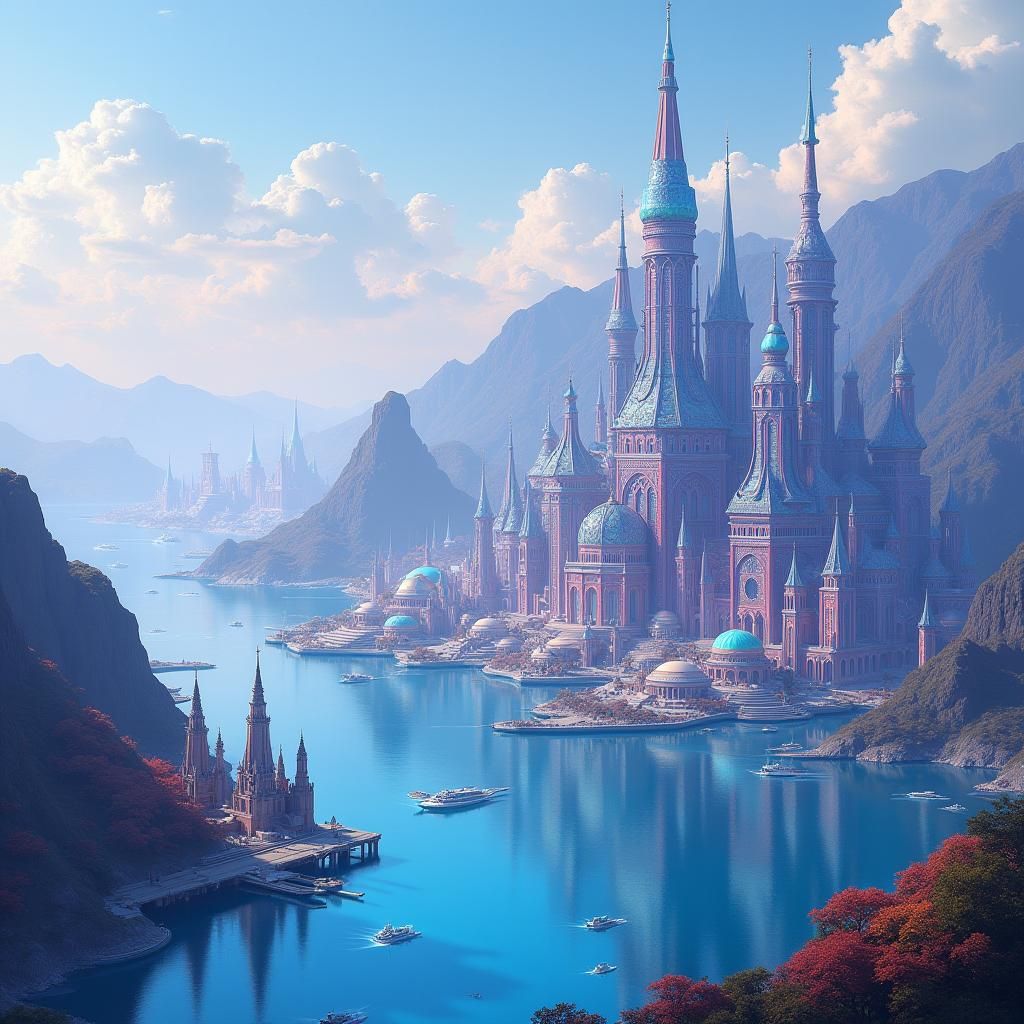 Futuristic Island City with Flying Vehicles