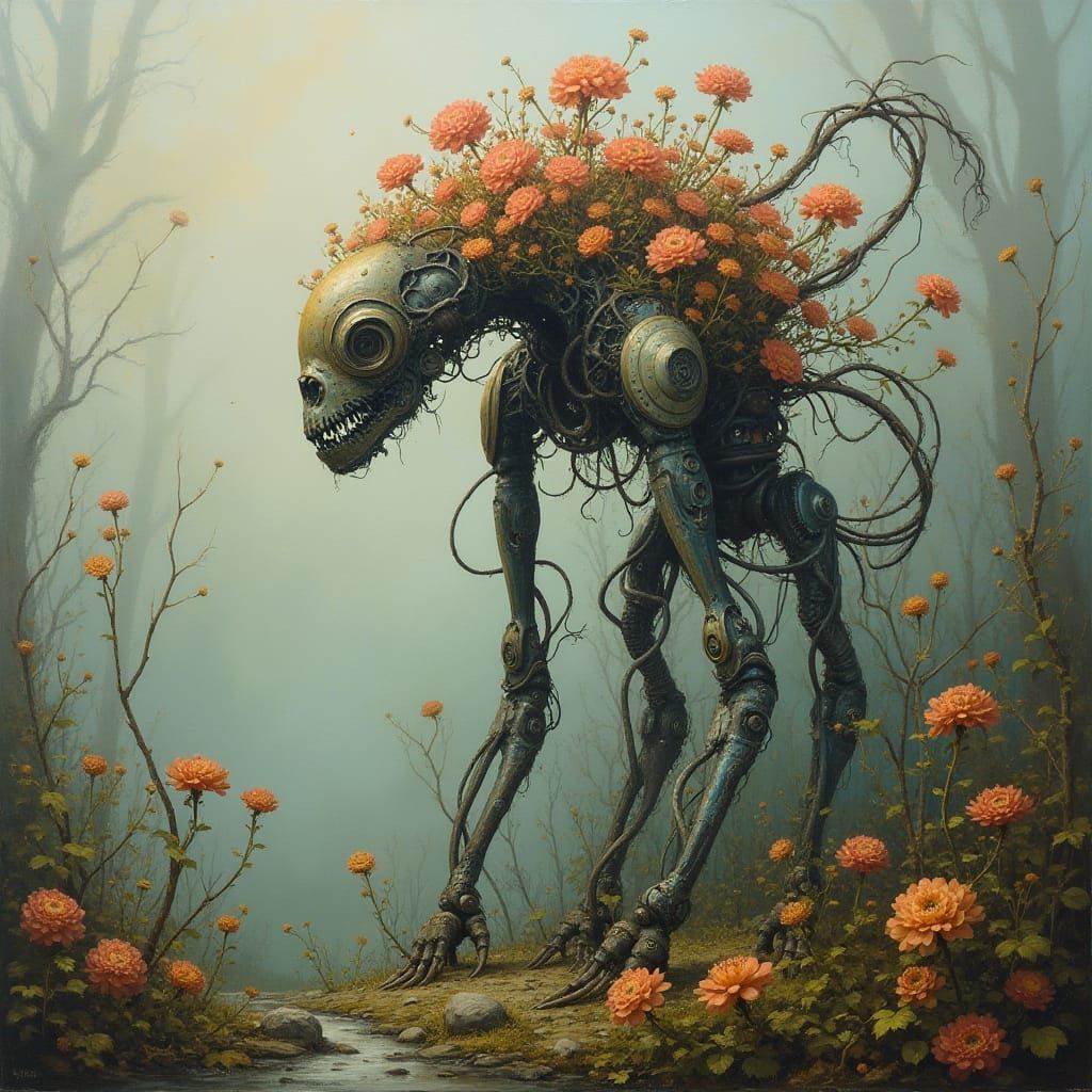 Mystical Figure Entwined with Flowers in Oil Painting Style