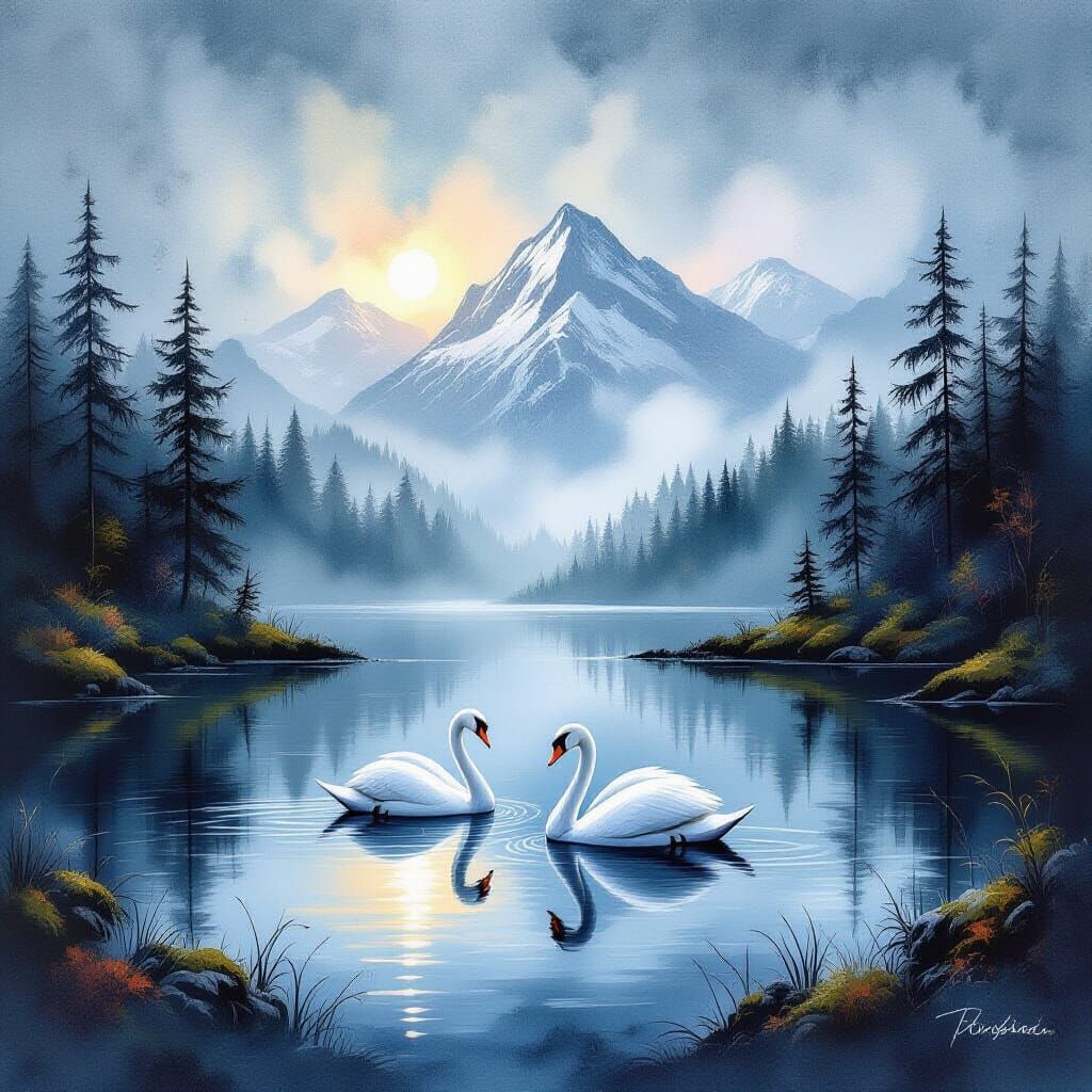 Swan on Misty Lake: Grunge Watercolor Painting