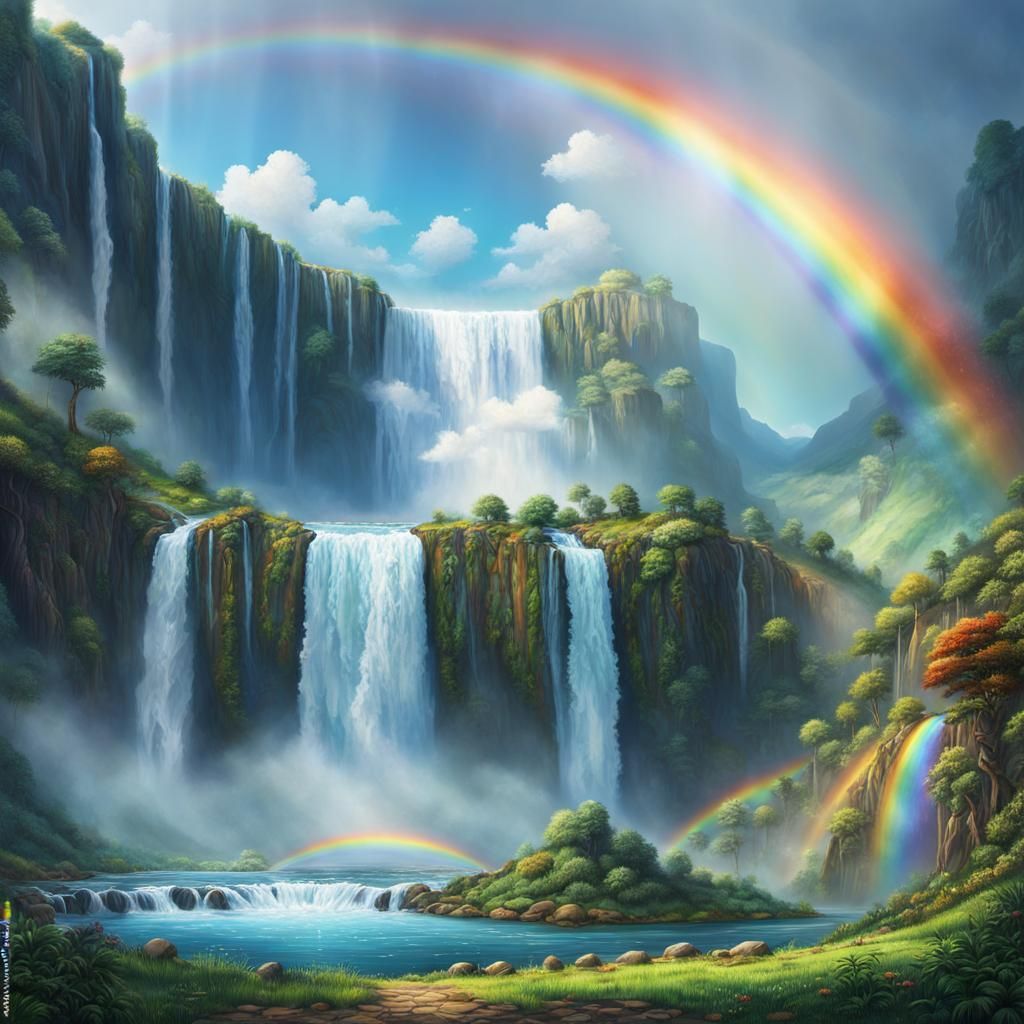 Fantasy Waterfall with Rainbow in Hyperrealistic Landscape