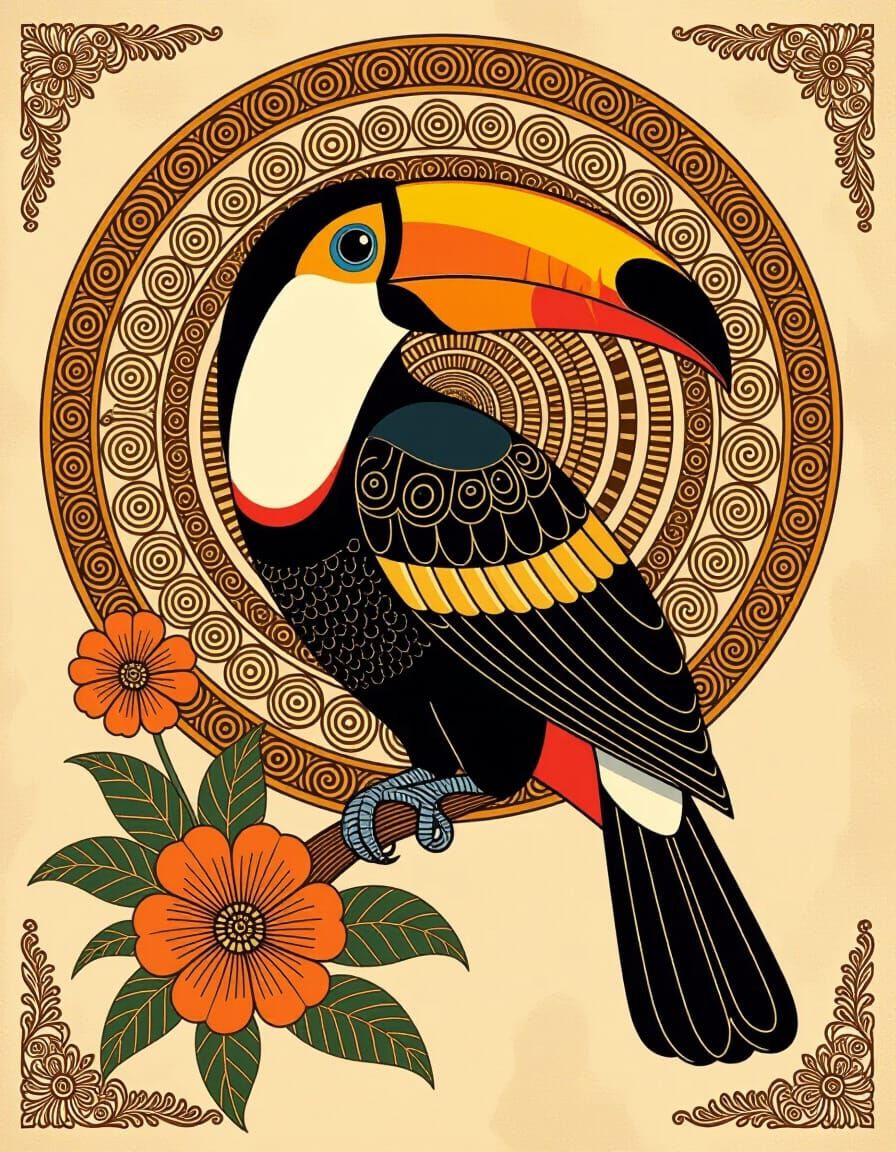 Stylized Toucan Illustration in Tribal Art Nouveau Style