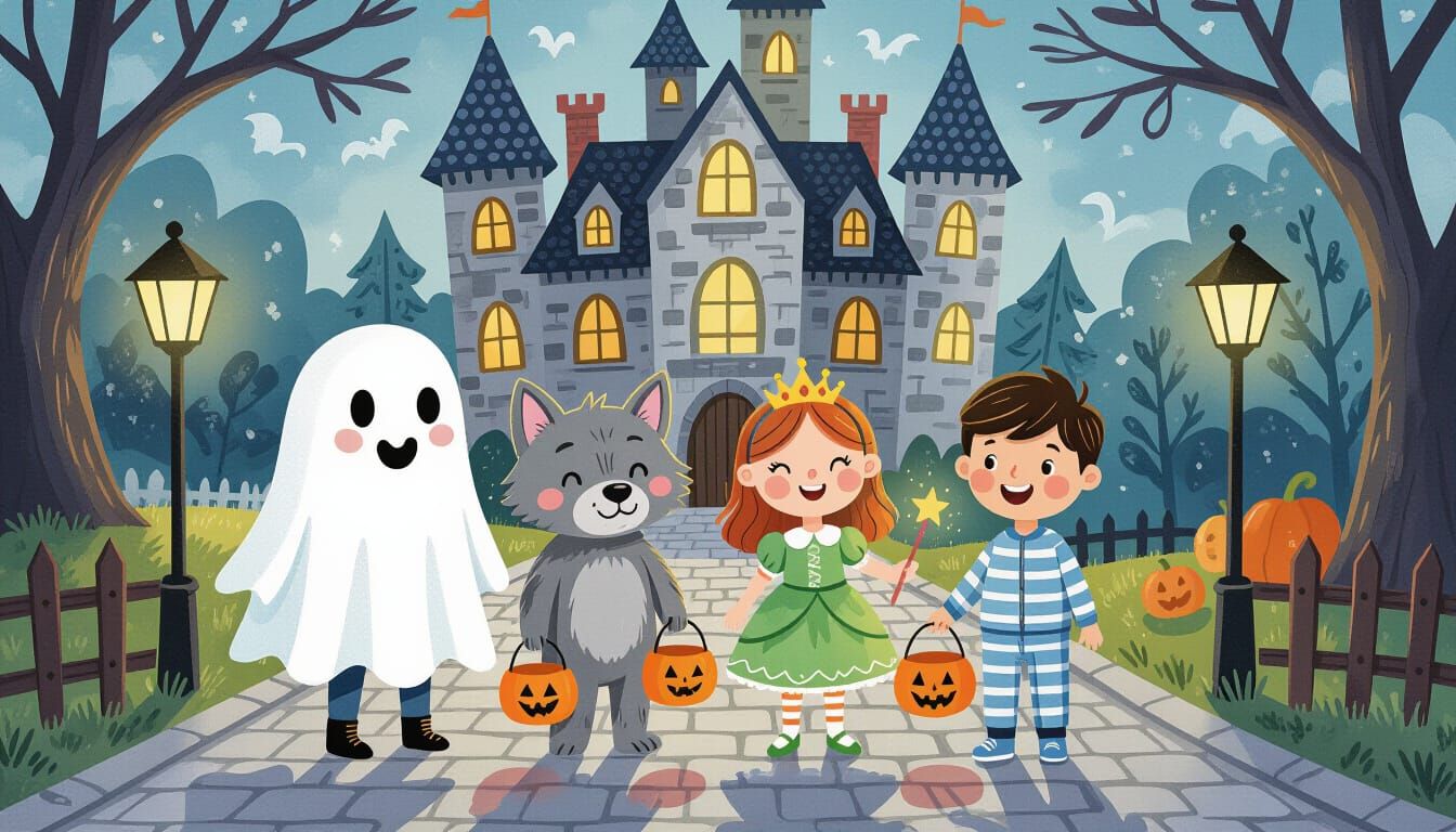 Castle Road With Cheerful Trick-Or-Treaters Watercolor Style