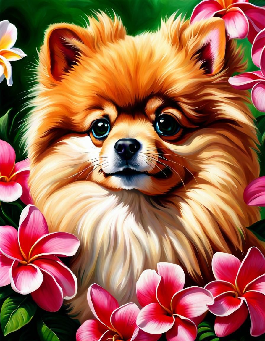 Pomeranian Puppies and Plumeria in Photorealistic Portrait