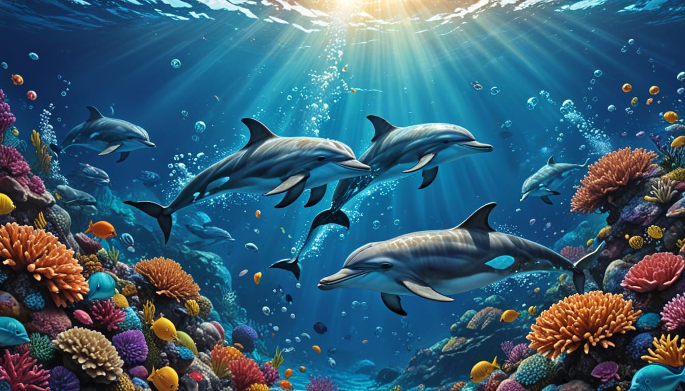 Dolphins Interacting in Vibrant Coral Reef Digital Art