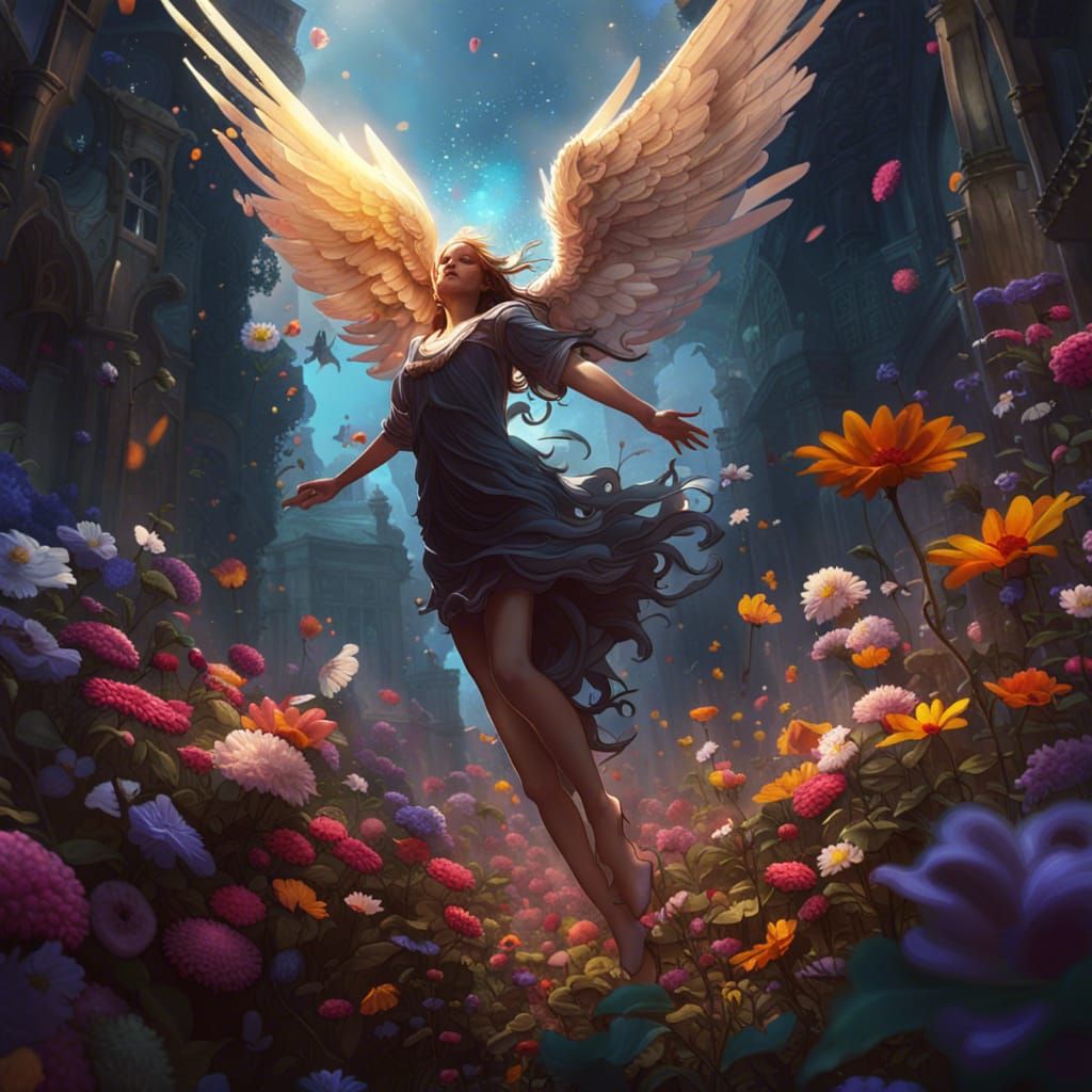 Angel Descends into Flower Garden, Dark Fantasy Art