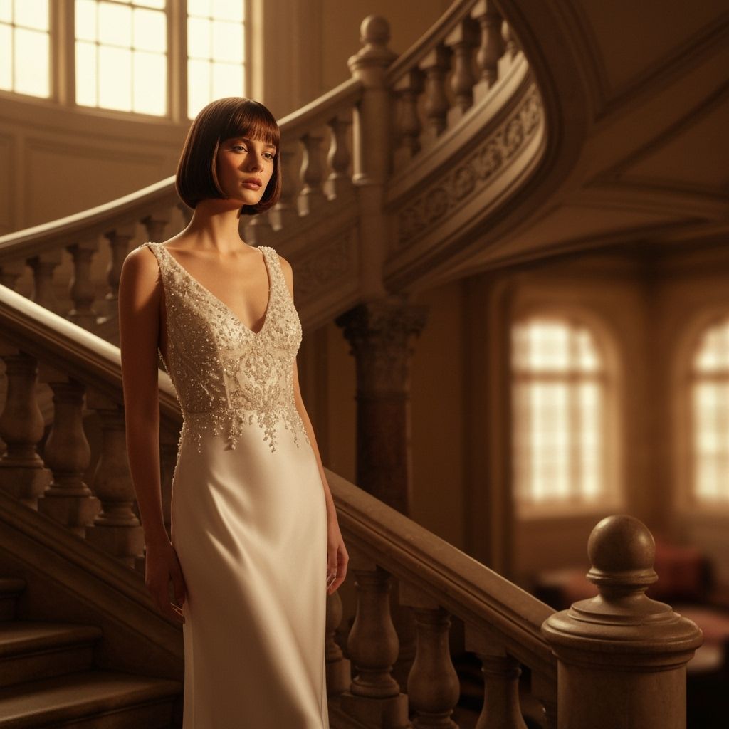 Elegant Woman in Silk Gown on Grand Staircase