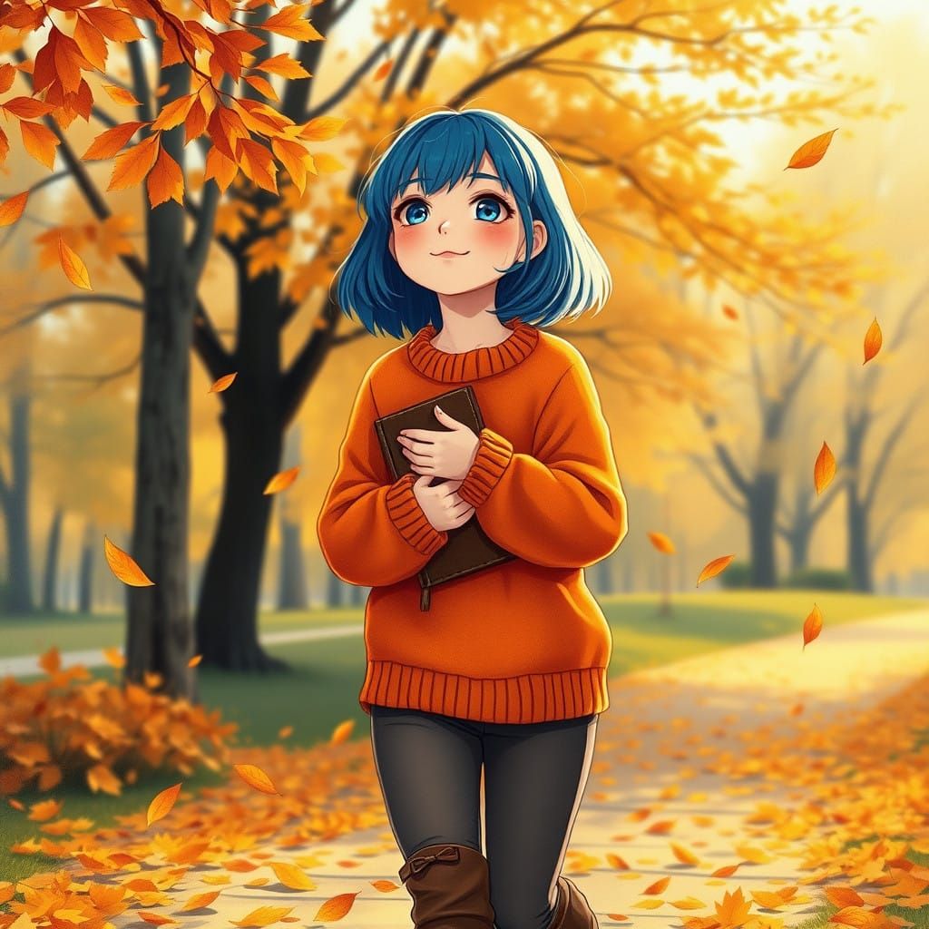 Girl in Autumn Park with Vibrant Blue Hair and Leaves Fallin...