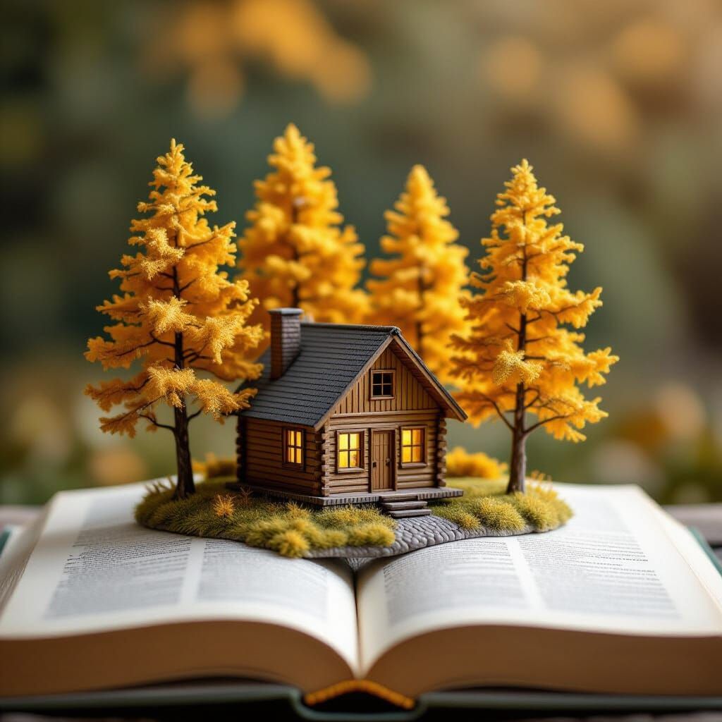 Tiny Cabin Among Golden Trees on Open Book Pages