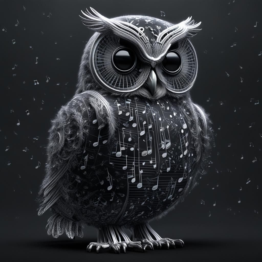 Fully transparent owl made of musical notes white on black. Body is fully transparent musical notes cute realistic