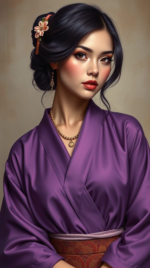 Ethereal Woman in Porcelain Skin, Plum Hair, and Amethyst Ey...