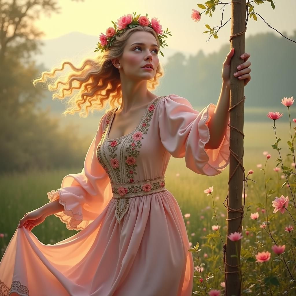 Goddess Pergrubė Celebrates Spring in Fantasy Landscape