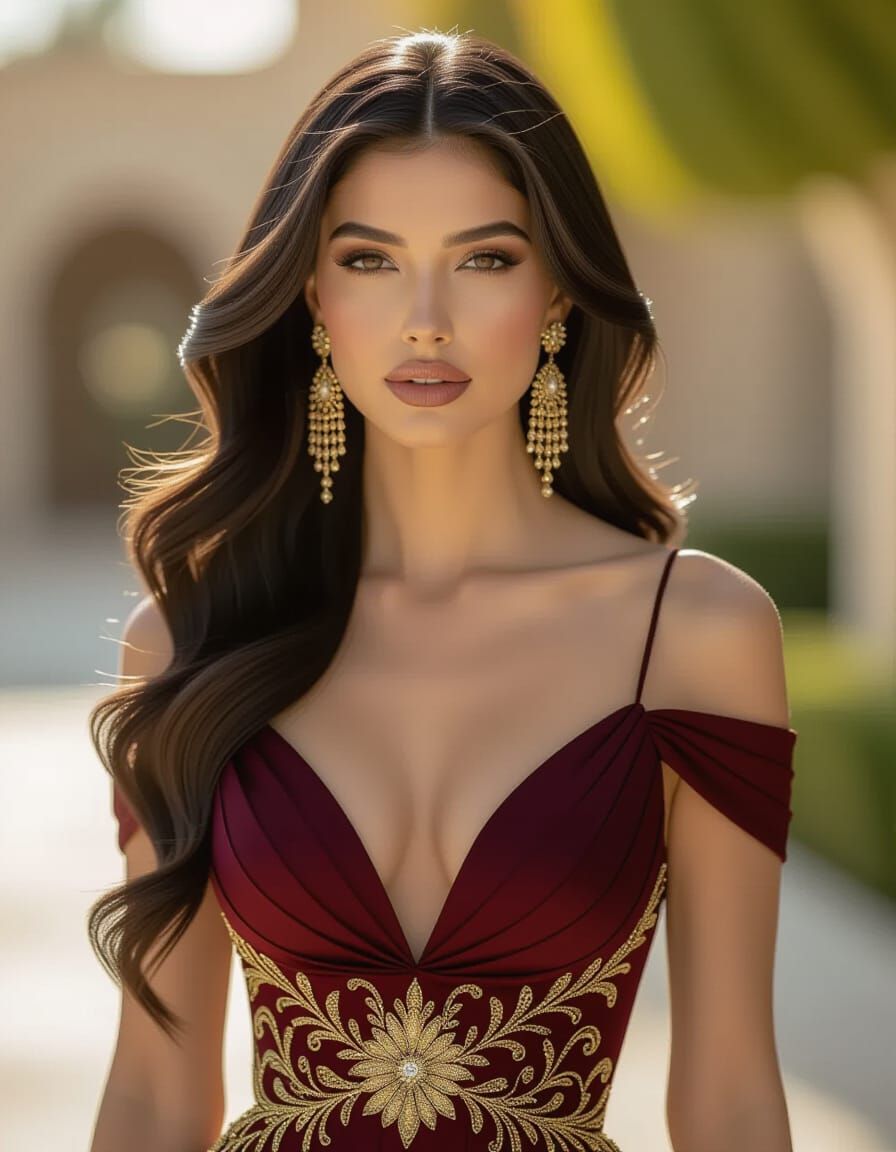 Elegant Persian Woman in Burgundy Gown Outdoors