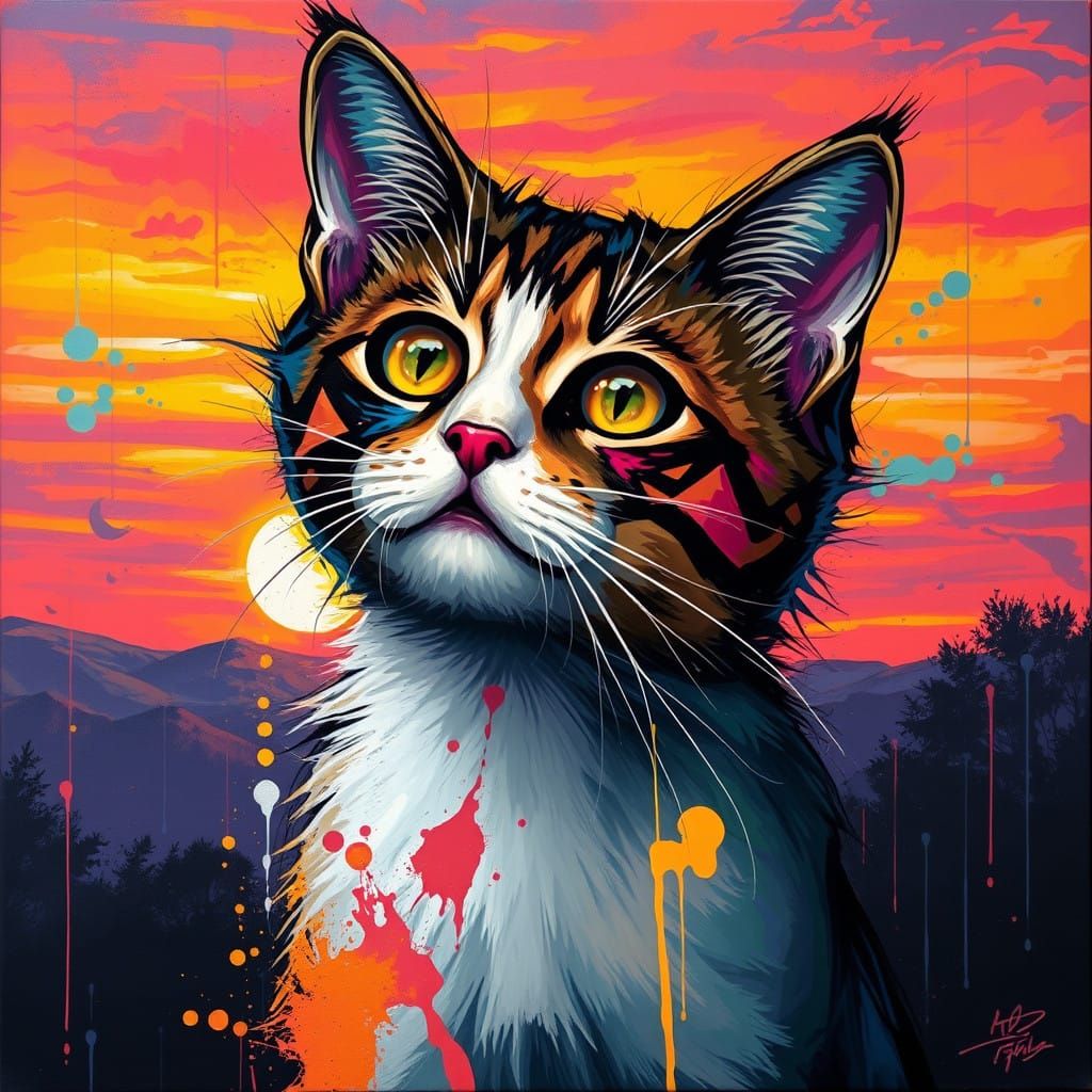 Vibrant Sunset Graffiti Cat