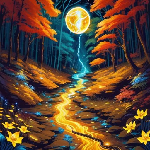 Bioluminescent Forest Stream Painting in Fantasy Art Style