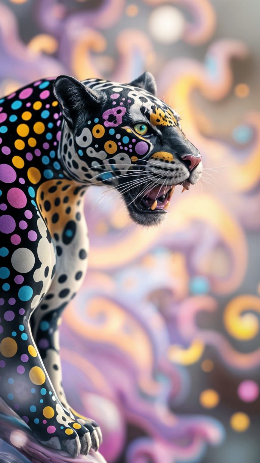 Surreal Panther Figure Unfolds in Kaleidoscope of Bright Col...