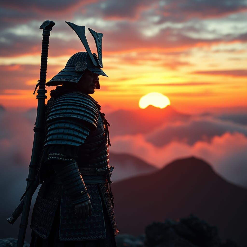 Cyberpunk Samurai Warrior on Windswept Mountaintop