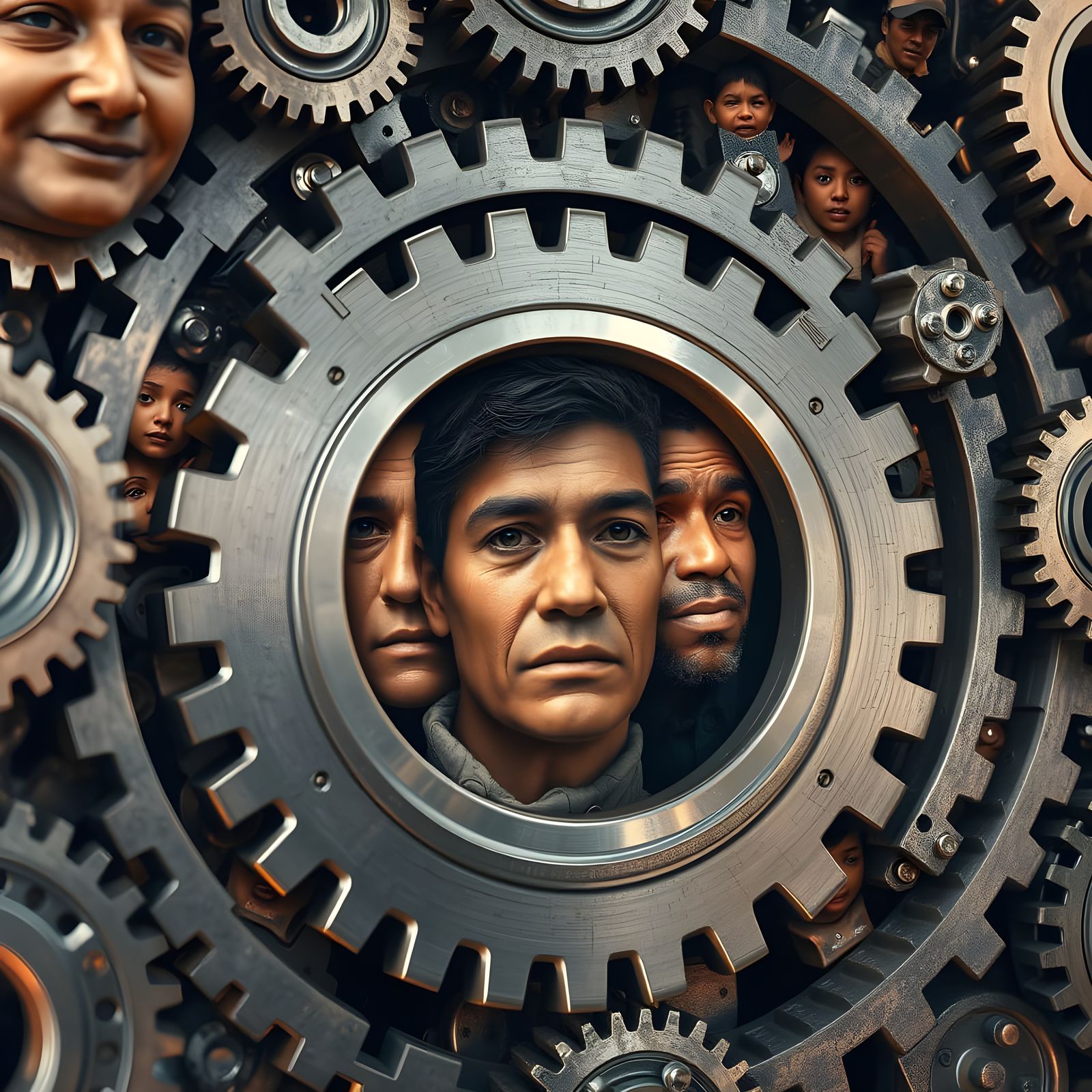 Detailed Faces as Cogs in a Machine, 8k Resolution