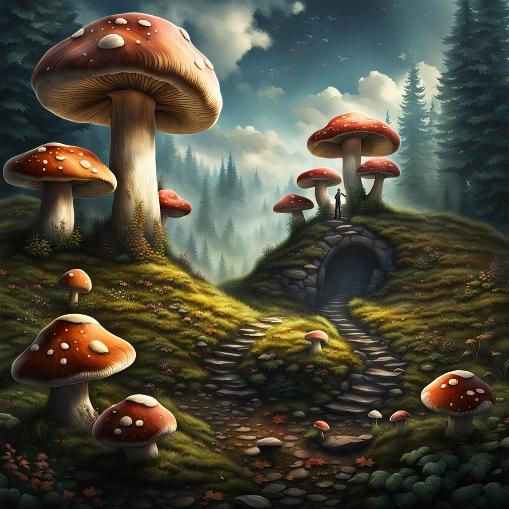 Mystical Landscape with Giant Mushrooms