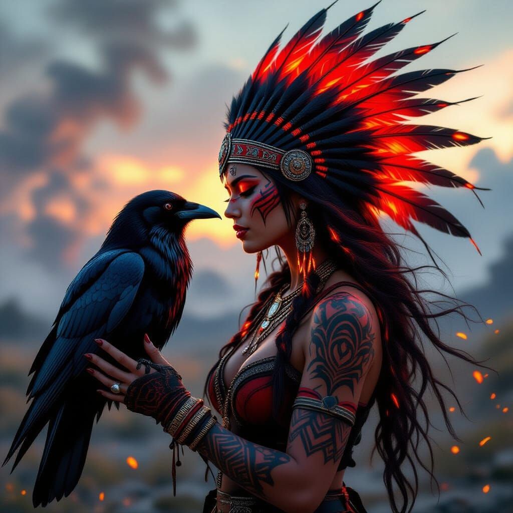 Warrior Woman with Raven in a Fiery Landscape
