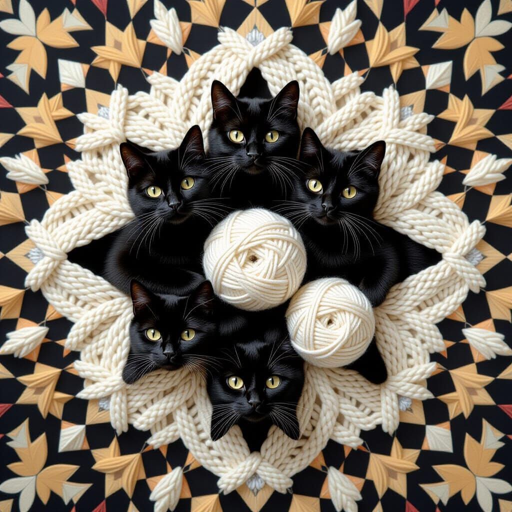 Kaleidoscopic Star Pattern with Cat and Yarn