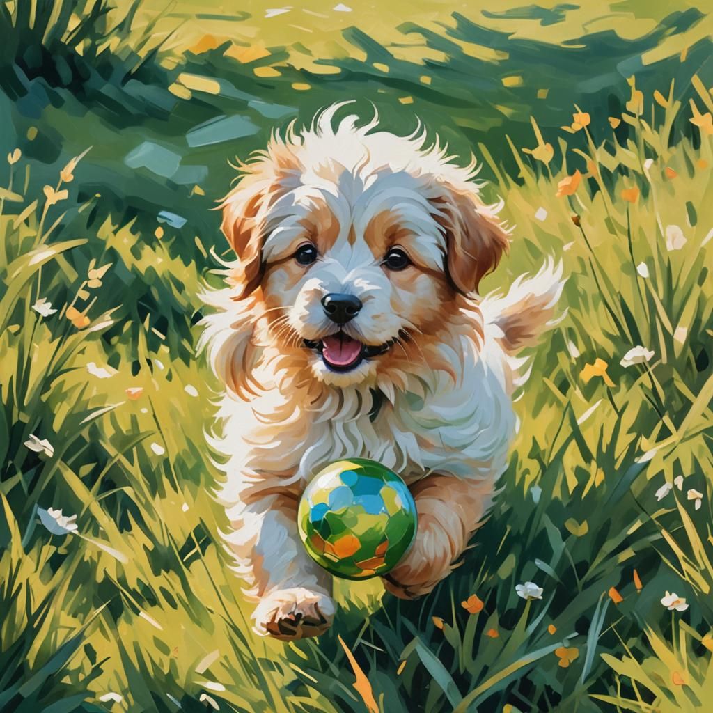 Puppy's Whimsical Meadow Ball Game: Impressionistic Art