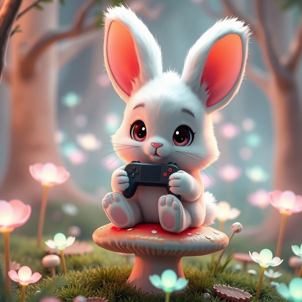 Whimsical 3D Anime Bunny in Pastel Forest
