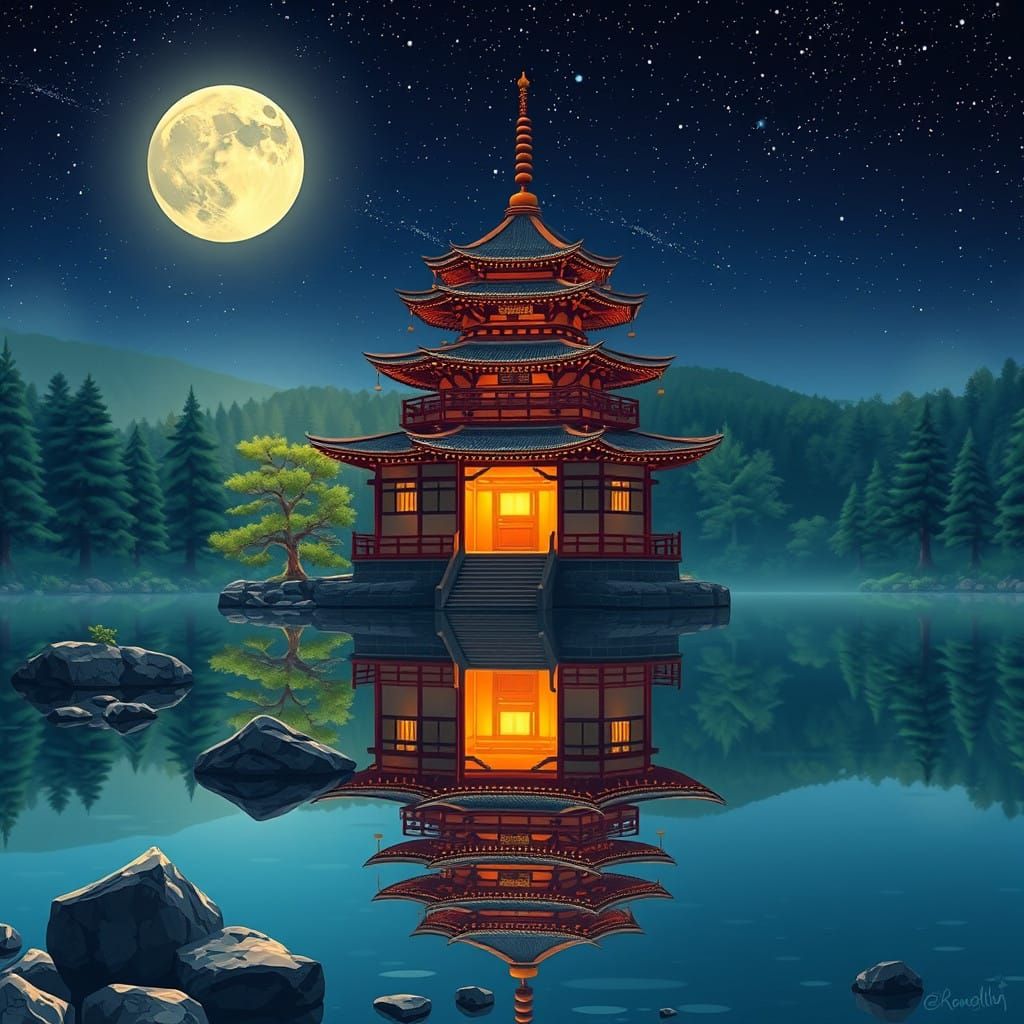 Japanese Pagoda Temple by a Serene Lake at Night