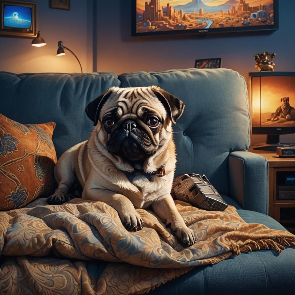 Pug Dog Sleeping, Fantasy Concept Art Style