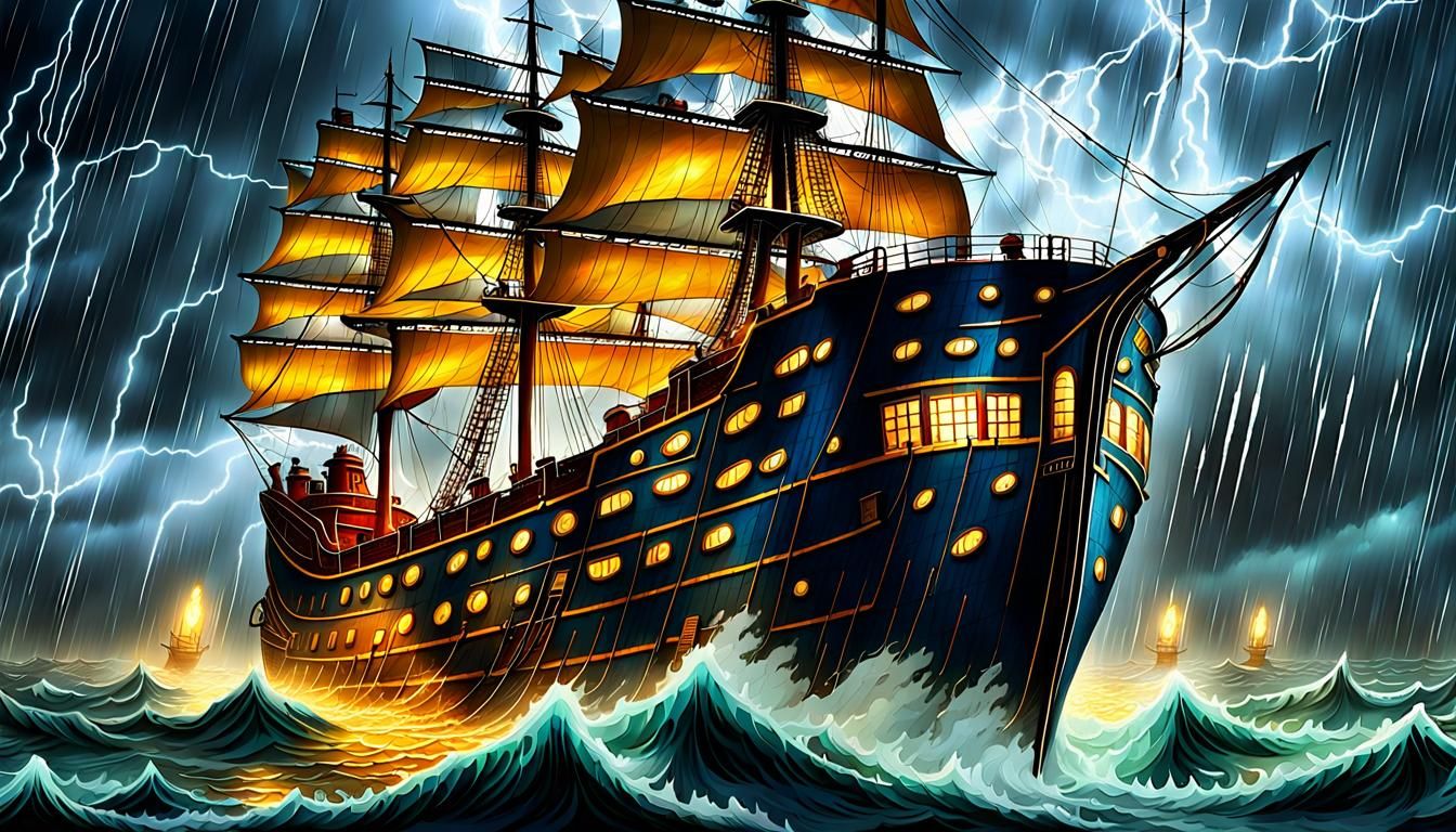 Gigantic Ship Navigates Tempestuous Storm, Ethereal Maritime...