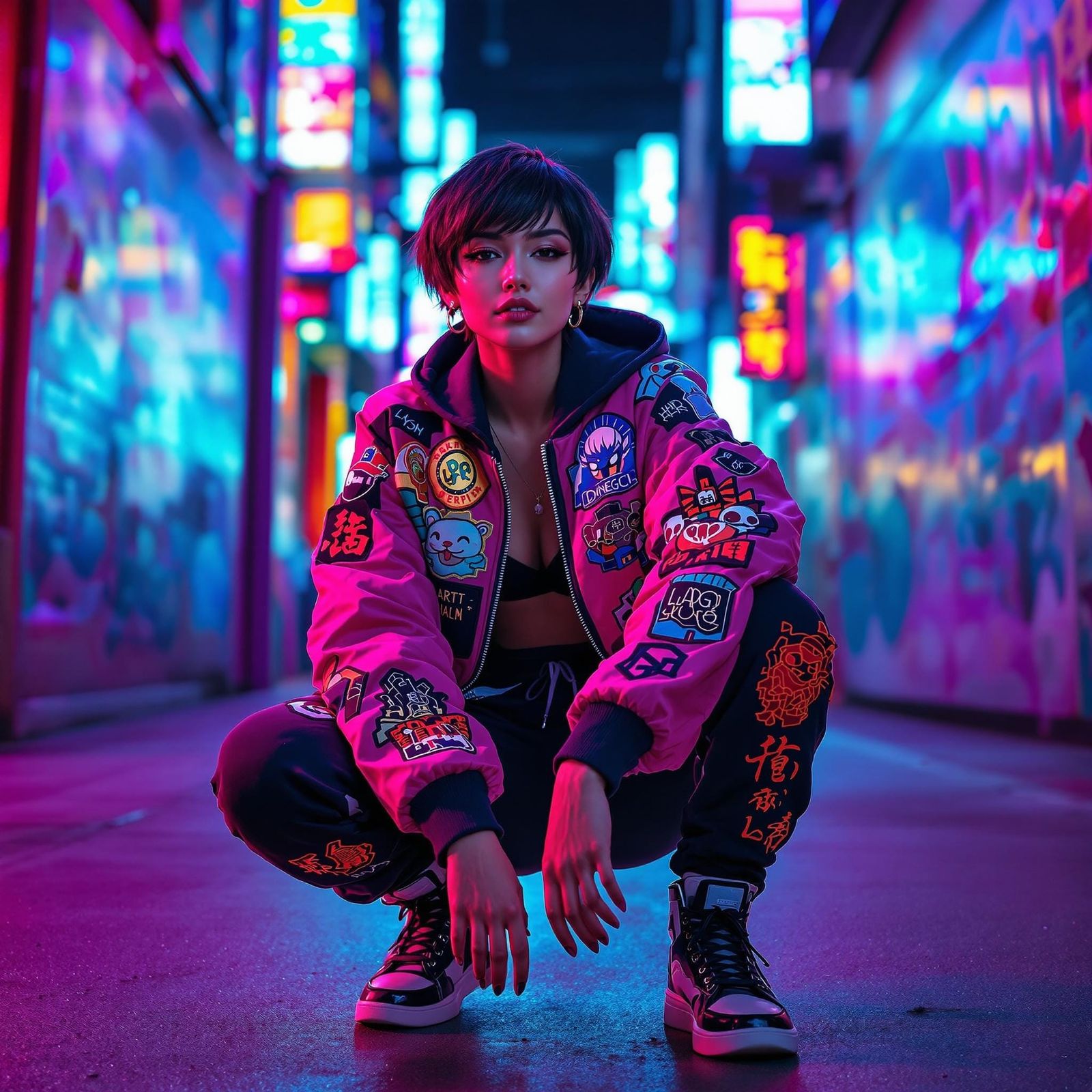 Confident Asian Woman in Urban Squat, Inspired by Futuristic...