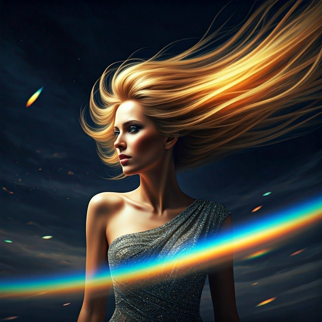 Radiant Woman with Rainbow Sky and Ethereal Glow