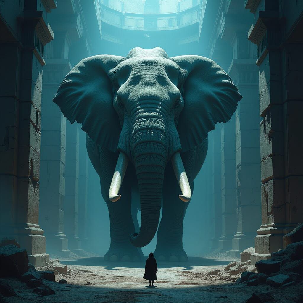 Ancient Elephant Enters Dim Corridor in Hyper-Realistic Styl...