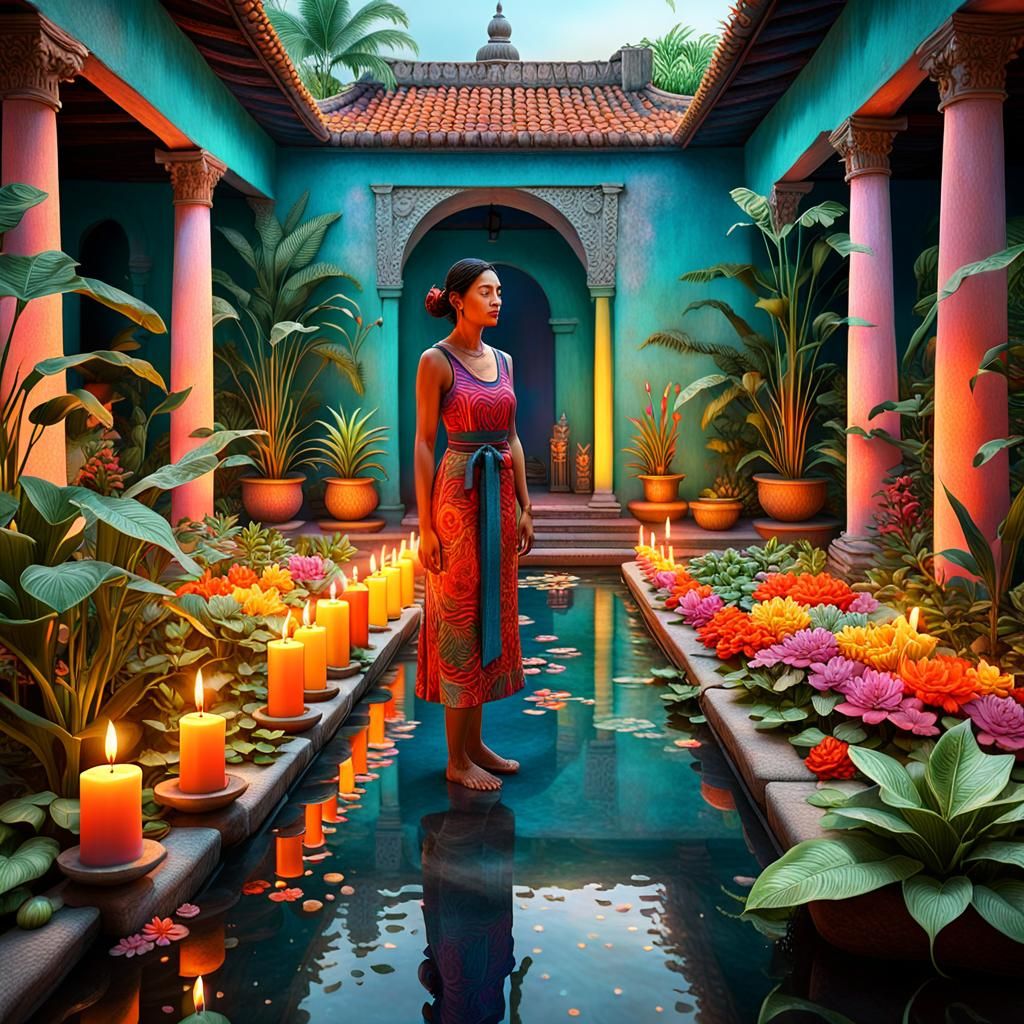 Woman in Colorful Candlelit Garden, Hyperrealistic Digital A...
