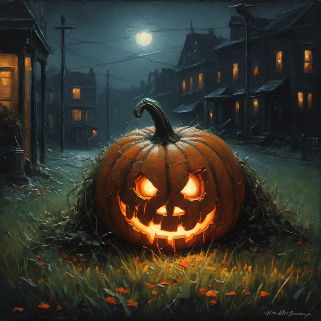 Jack-O-Lantern at Night in Romantic Oil Paint Style