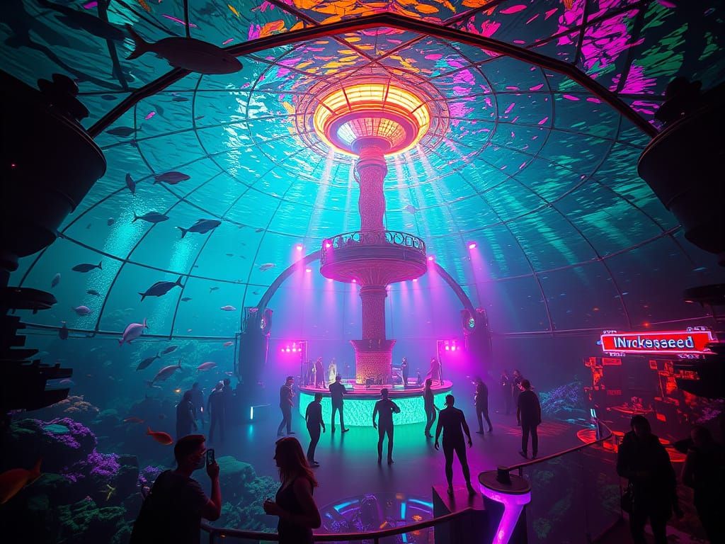 Cyberpunk Underwater Dance Club with Neon Lights