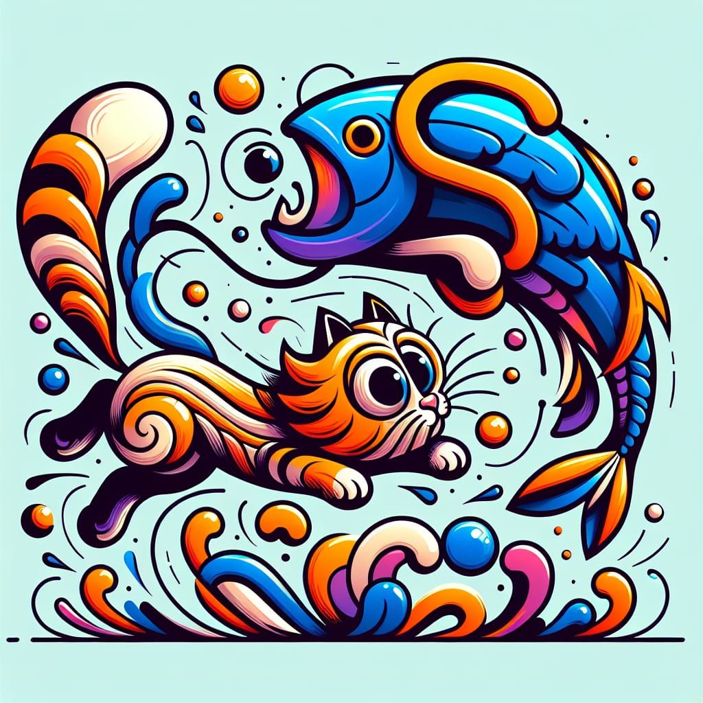 Playful Cartoon Cat Pursuing Fish with Typography