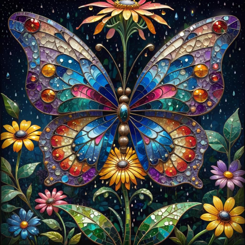 Butterfly Pollinating Utopian Flower: 3D Stained Glass Art