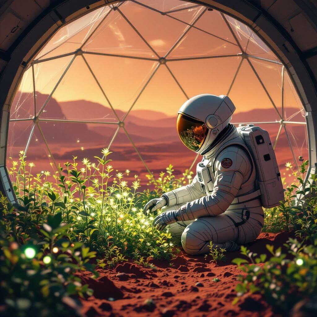 Astronaut Tends Glowing Garden in Mars Dome